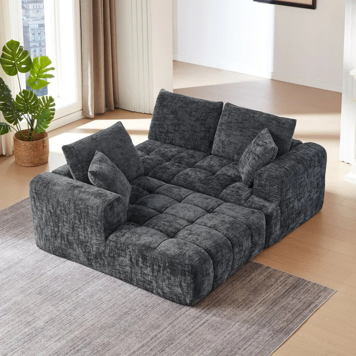 Chenille Dark Grey L-Shape Tufted Sectional Sofa - Omega Lifestyles