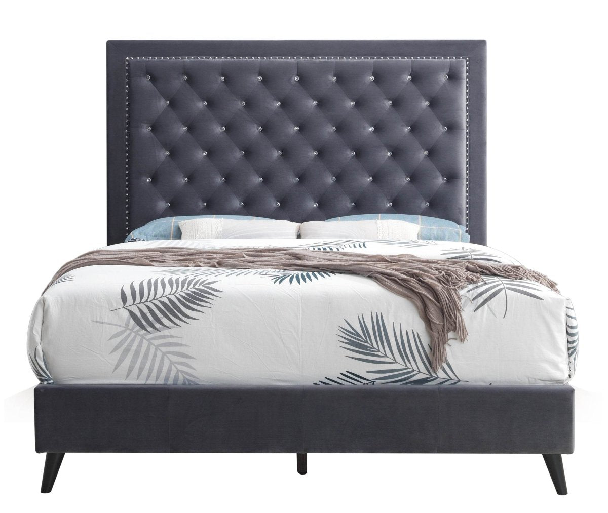 Chic Gray Velvet Queen Bed Frame With Foam Support - Serenova - Omega Lifestyles