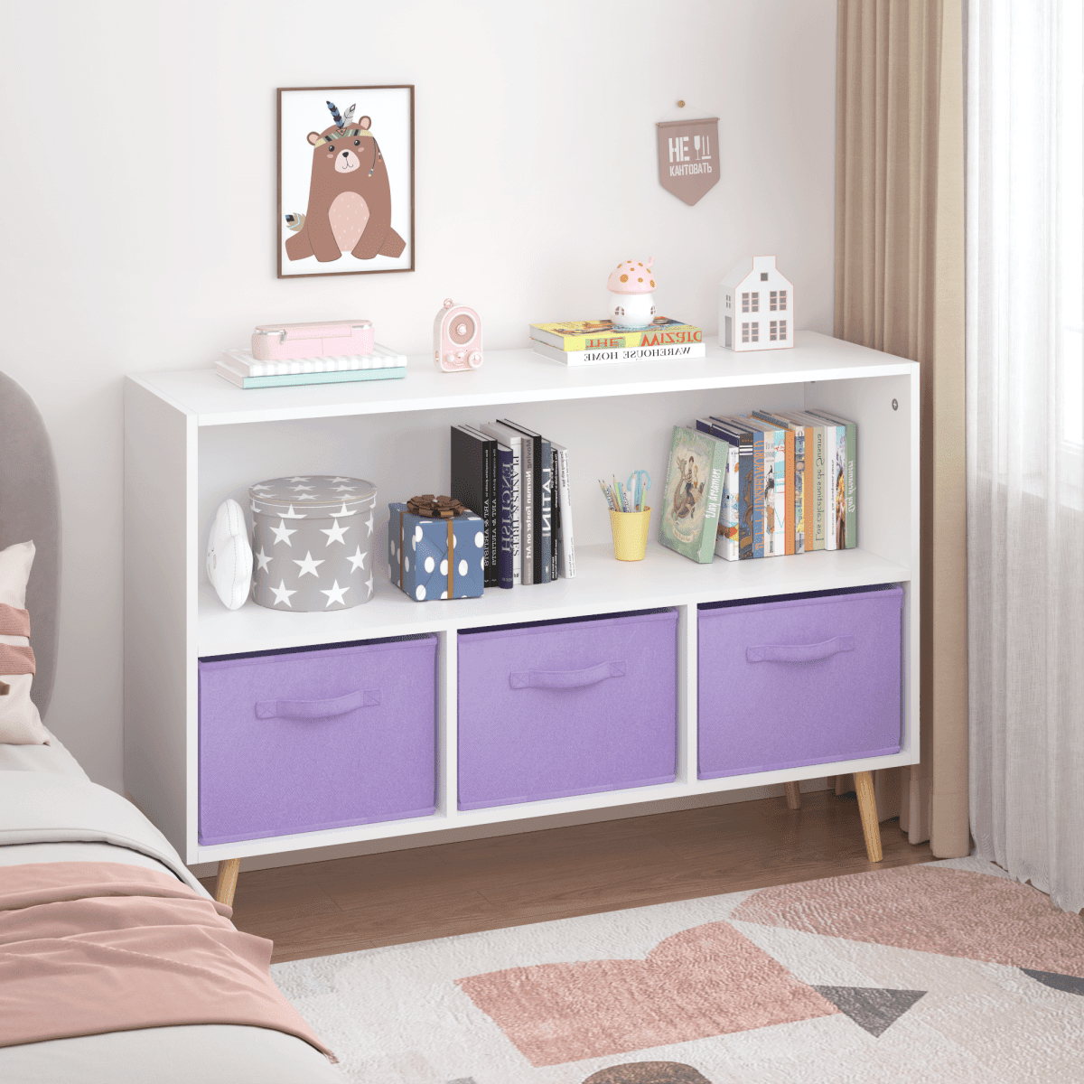 Children’s MDF Bookcase With Collapsible Fabric Drawers - Sleep Galleria