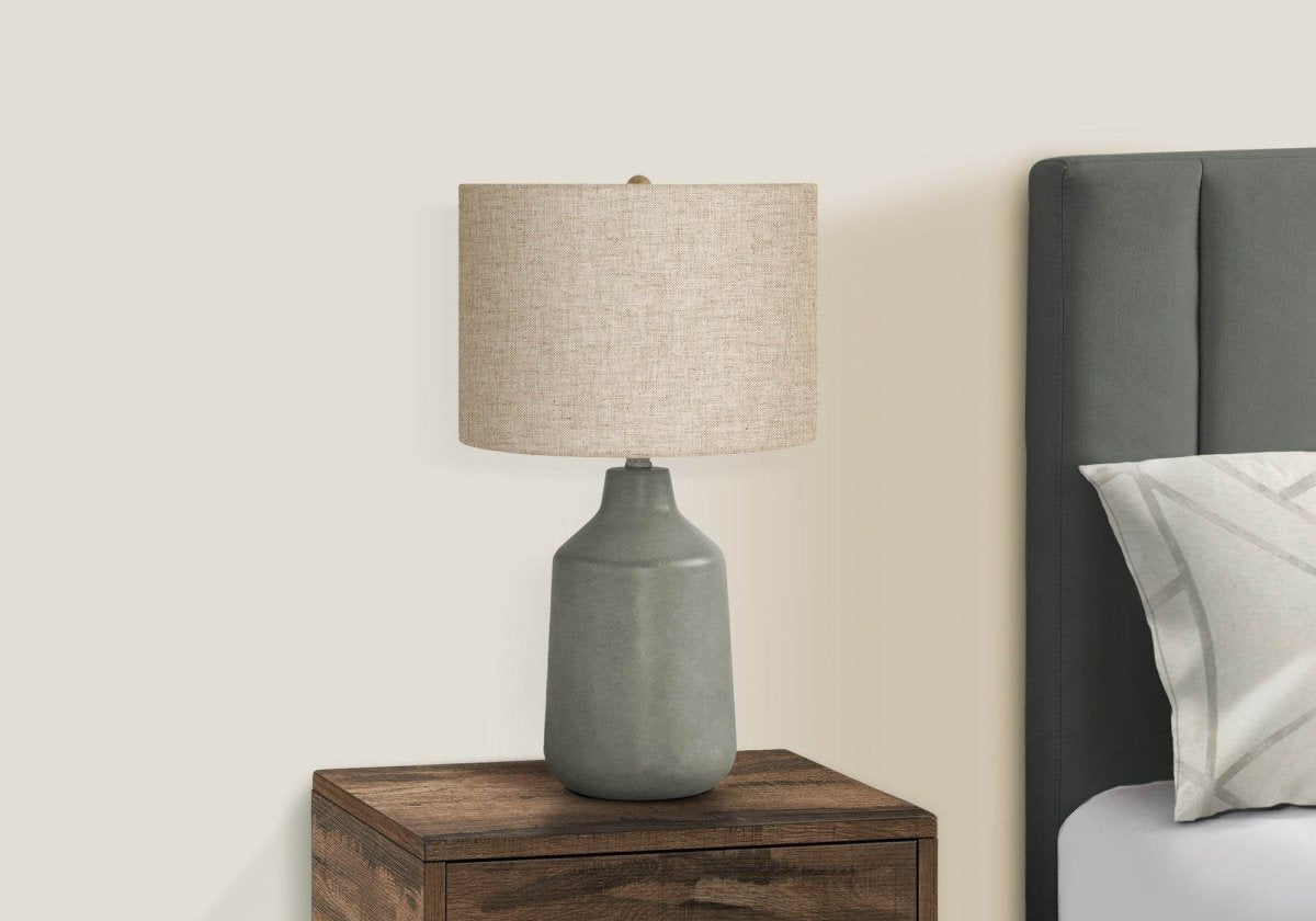 Concrete Grey Table Lamp With Beige Linen Shade - Sleep Galleria