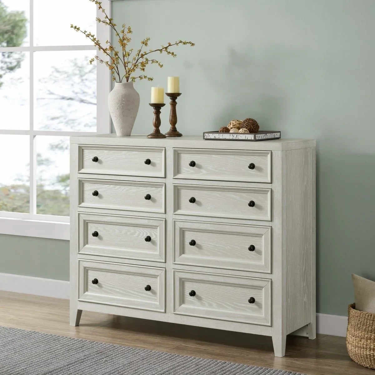 Contemporary White Wood 8-Drawer Bedroom Dresser - Omega Lifestyles