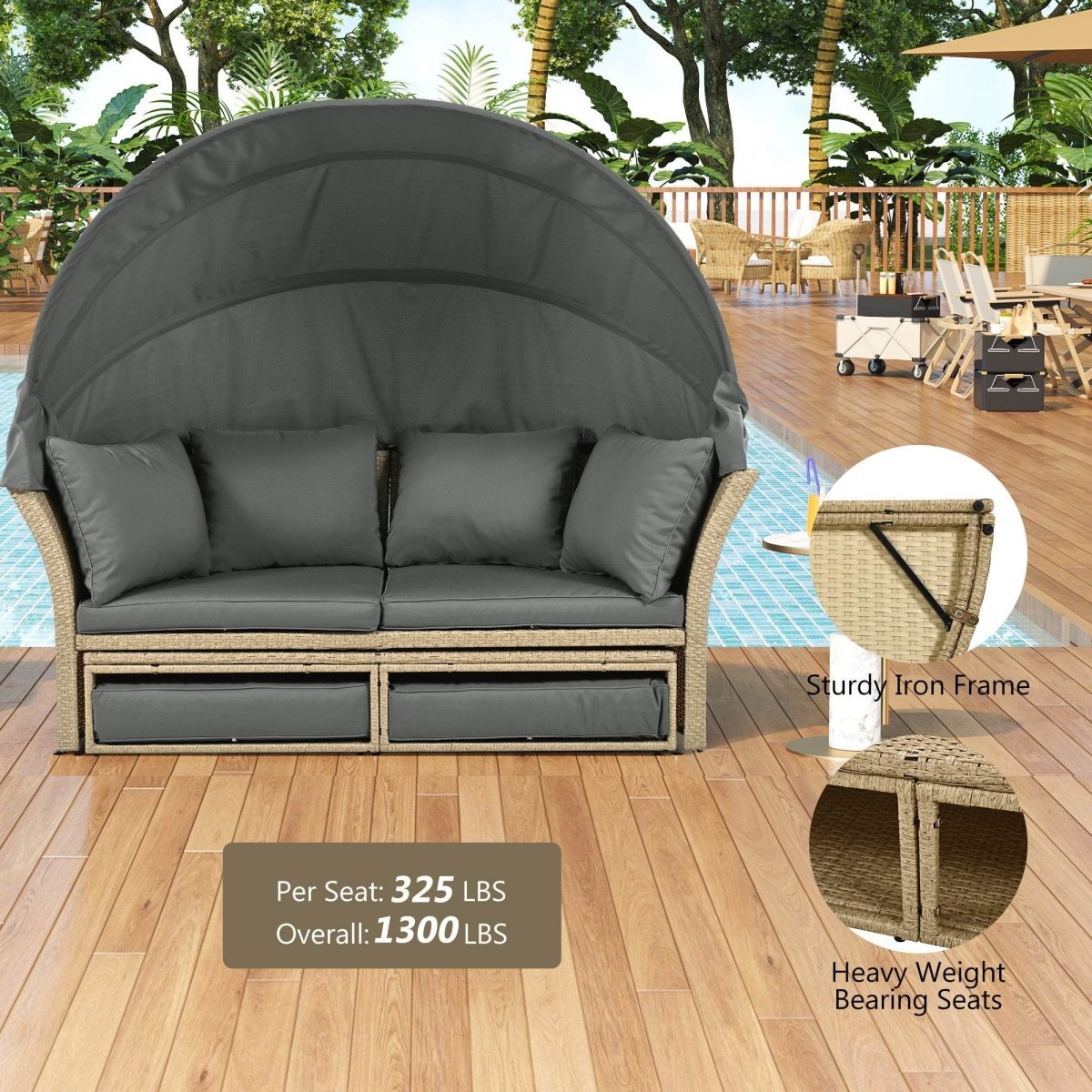 Convertible Grey Waterproof Rattan Outdoor Patio Daybed - Serenova - Omega Lifestyles