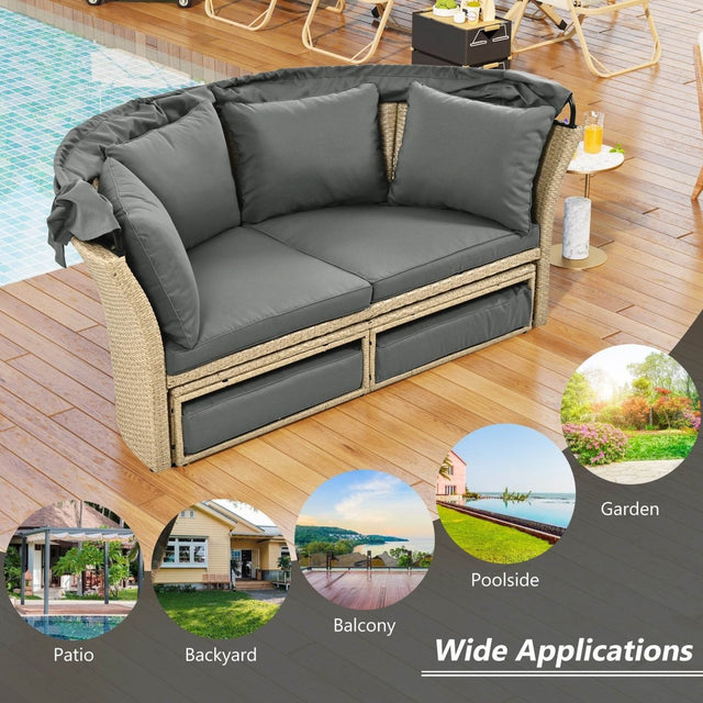 Convertible Grey Waterproof Rattan Outdoor Patio Daybed - Omega Lifestyles