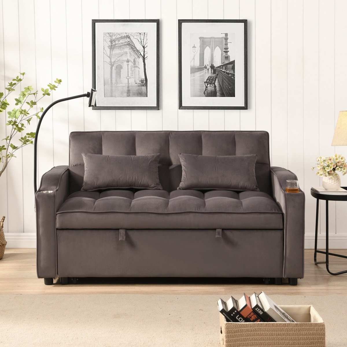 Convertible Velvet Sofa Bed With USB Ports And Trundle - Sleep Galleria