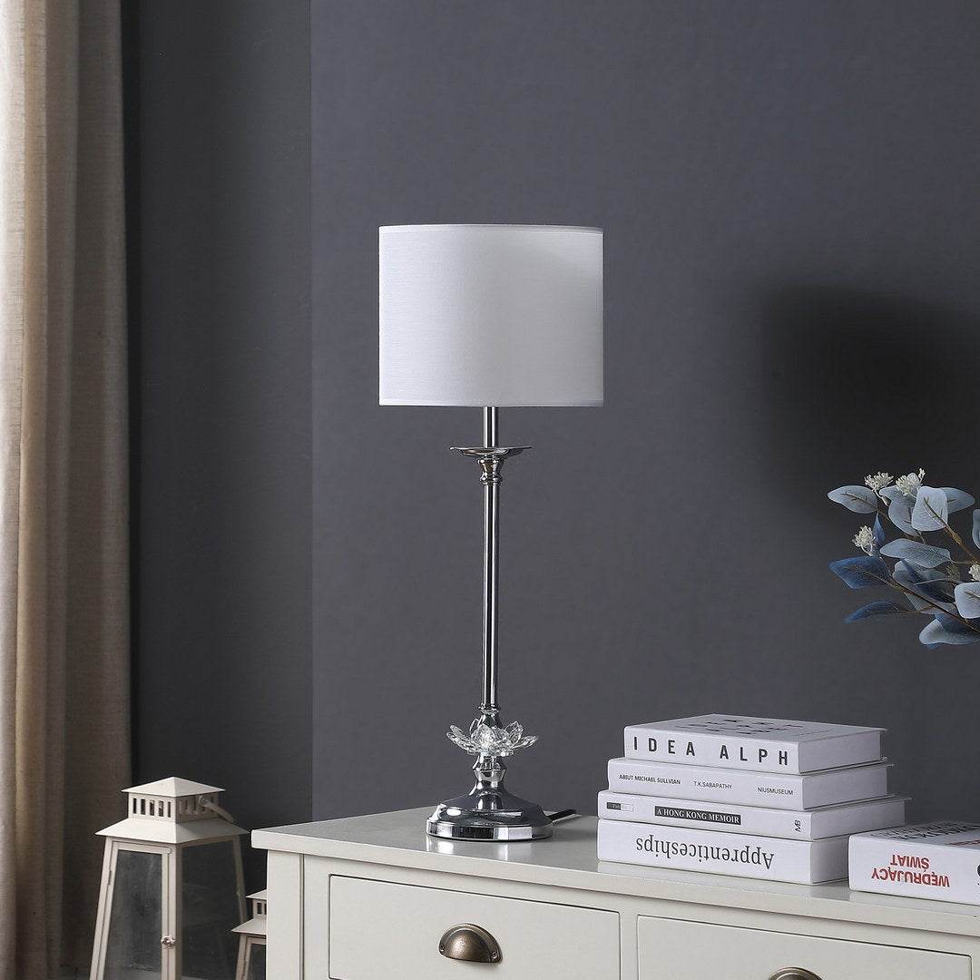 Crystal Floral Chrome Metal Table Lamp With Drum Shade - Sleep Galleria