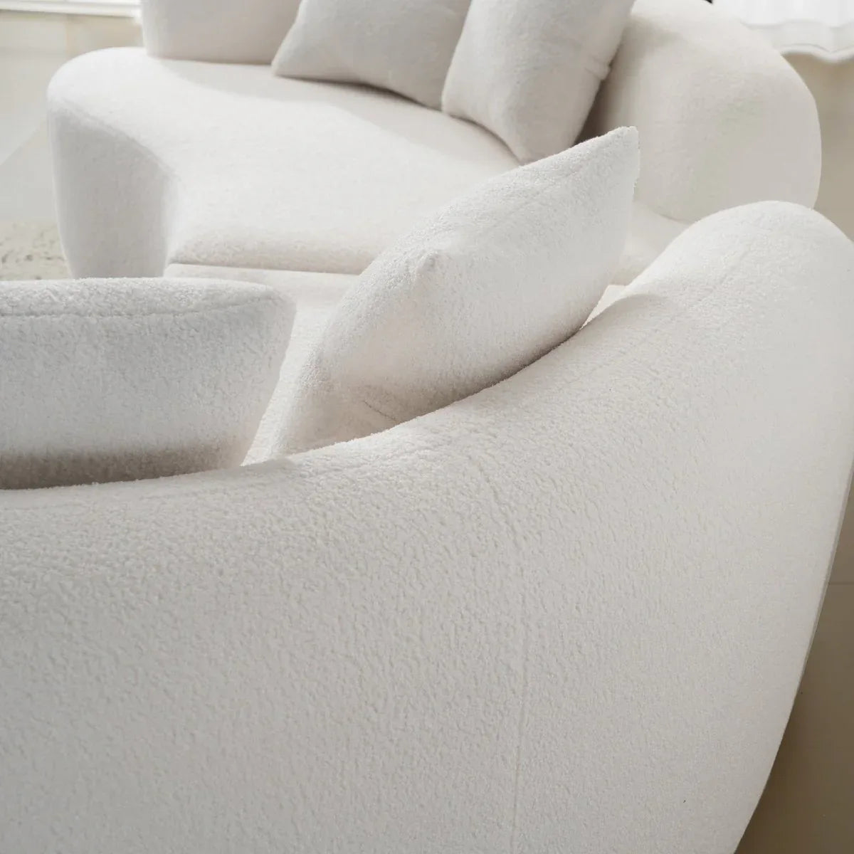 Curved 4-Seater White Teddy Velvet Foam Sofa - Omega Lifestyles
