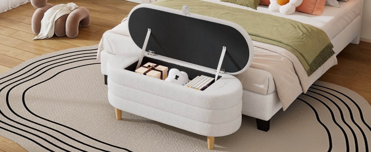 Elegant Upholstered Sherpa Fabric Storage Ottoman Bench - Omega Lifestyles