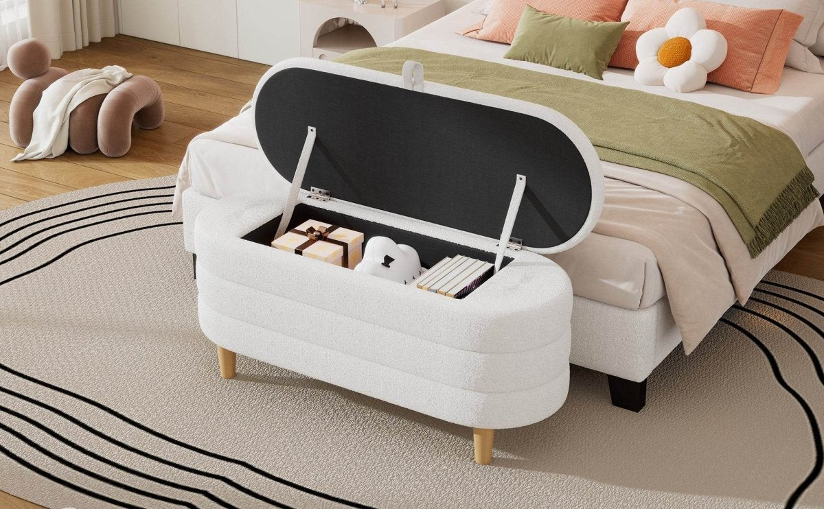 Elegant Upholstered Sherpa Fabric Storage Ottoman Bench - Omega Lifestyles