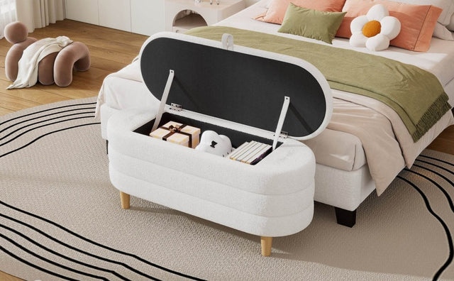 Elegant Upholstered Sherpa Fabric Storage Ottoman Bench - Omega Lifestyles