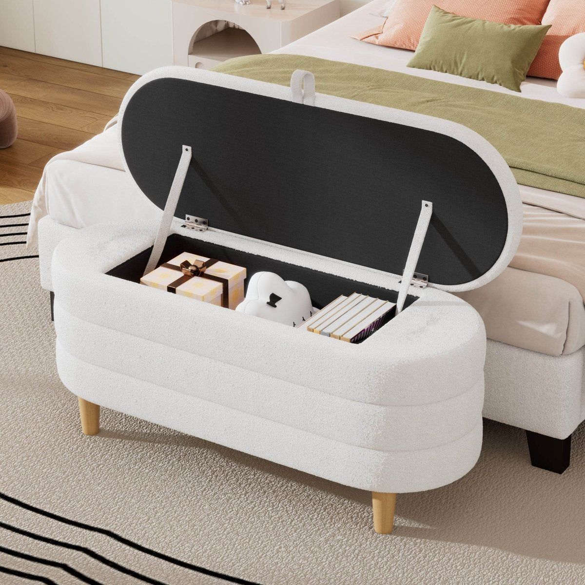 Elegant Upholstered Sherpa Fabric Storage Ottoman Bench - Omega Lifestyles