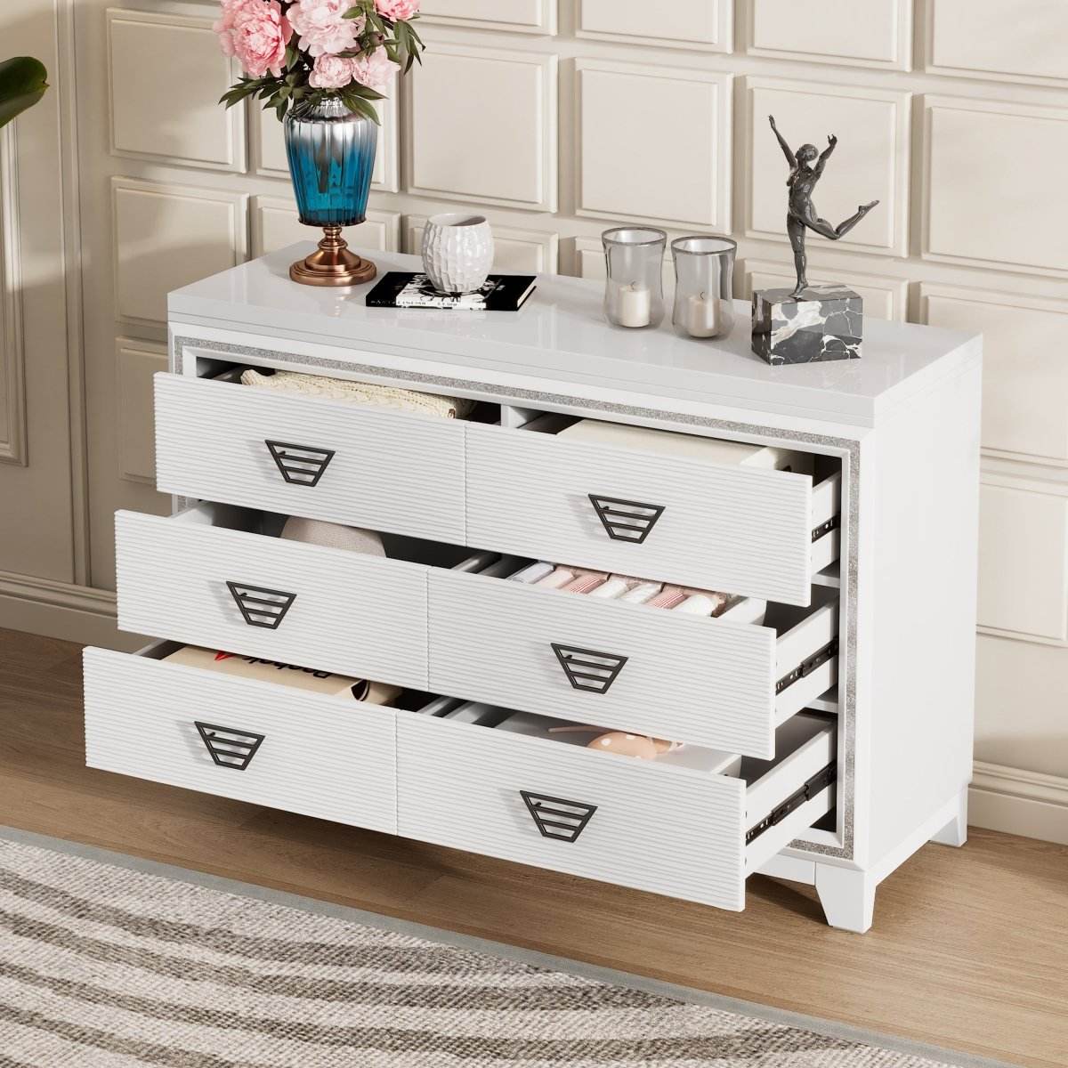 Elegant White MDF Metal 6-Drawer Storage Dresser - Sleep Galleria