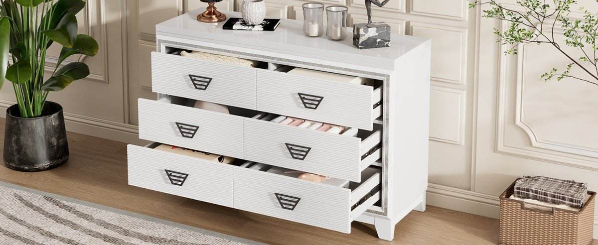 Elegant White MDF Metal 6-Drawer Storage Dresser - Sleep Galleria