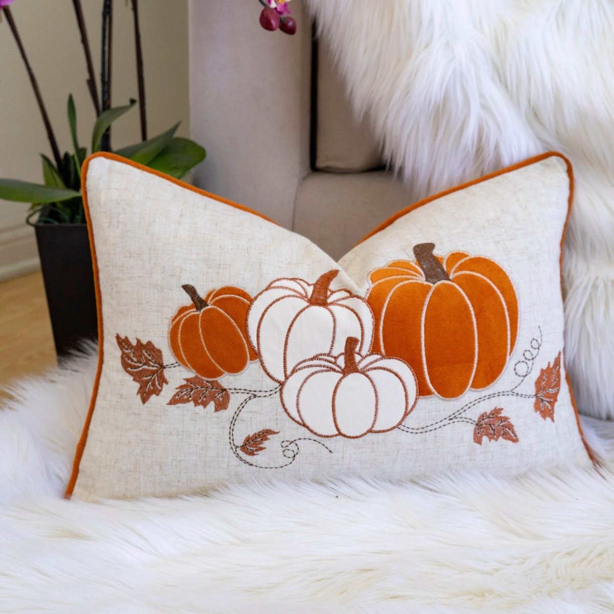 Embroidered Pumpkin Rust Polyester Lumbar Throw Pillow - Serenova - Omega Lifestyles