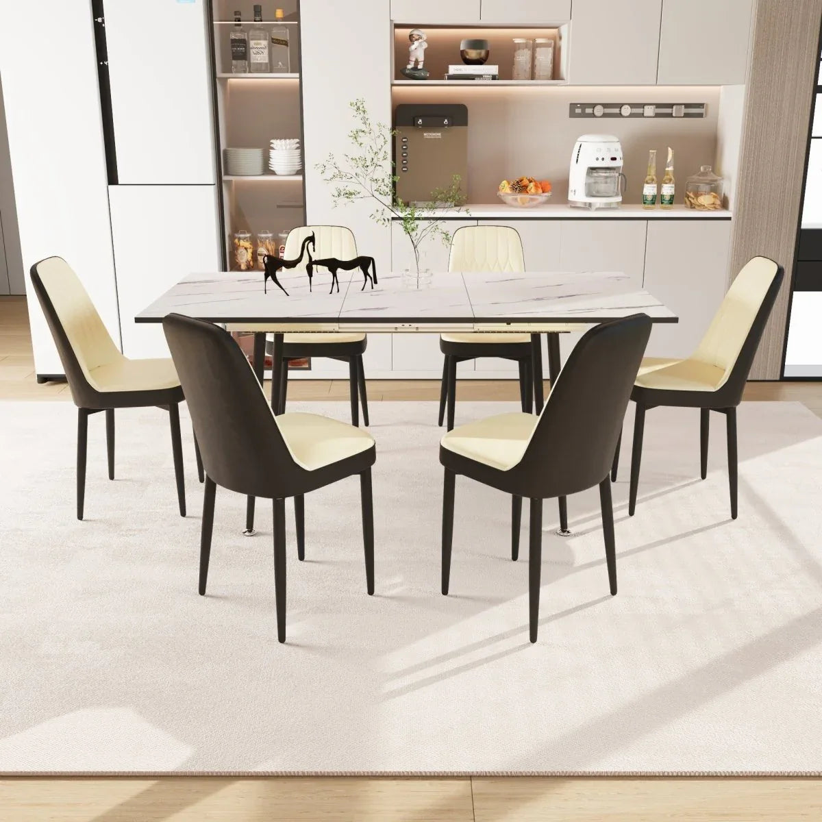 Expandable MDF Dining Table And Six PU Cushioned Chairs Set - Omega Lifestyles