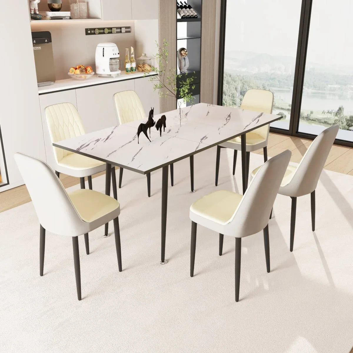 Expandable MDF Dining Table And Six PU Cushioned Chairs Set - Omega Lifestyles