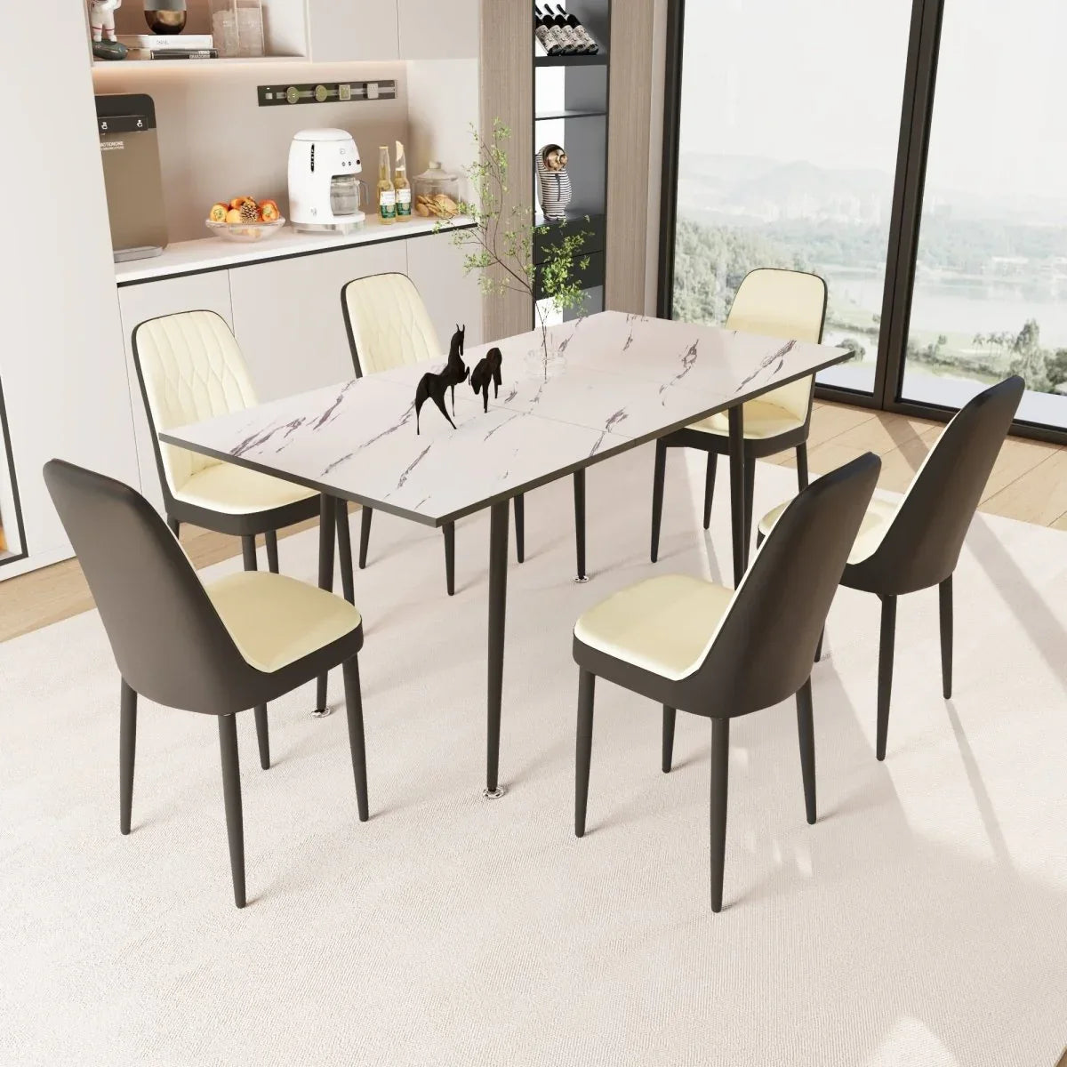 Expandable MDF Dining Table And Six PU Cushioned Chairs Set - Omega Lifestyles