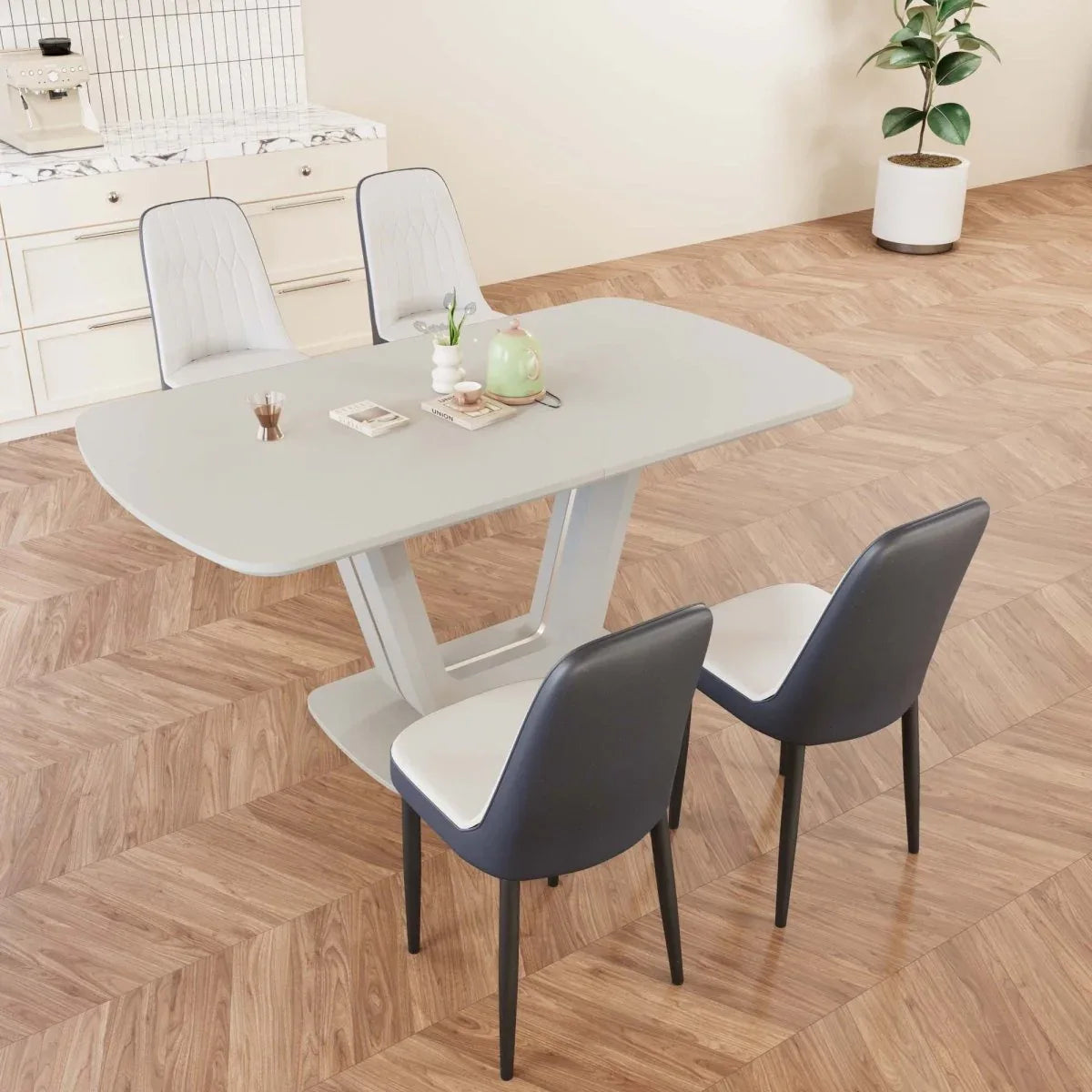 Expandable MDF Dining Table Set With Four Padded PU Chairs - Omega Lifestyles