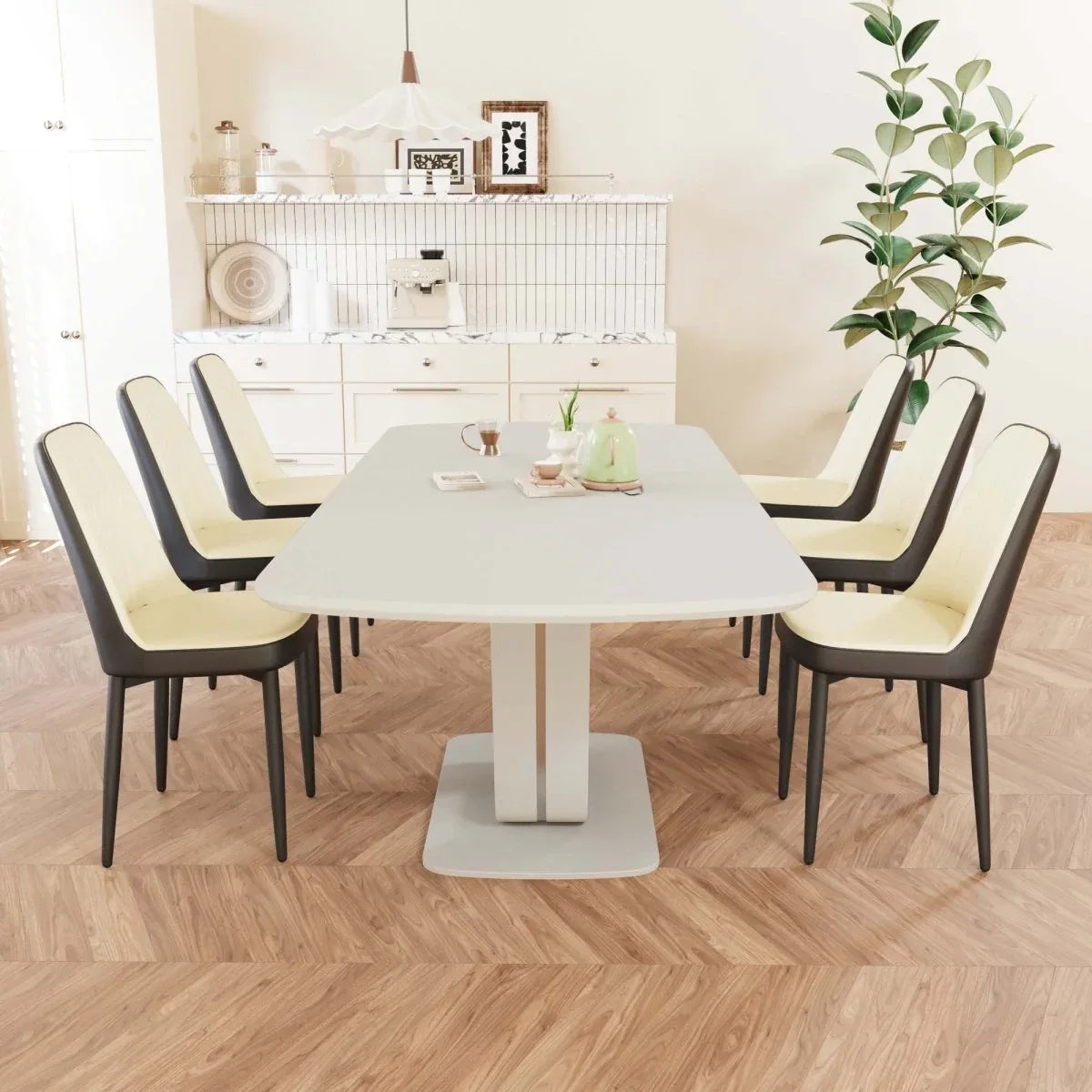 Expandable MDF Dining Table Set With Six Padded PU Chairs - Omega Lifestyles