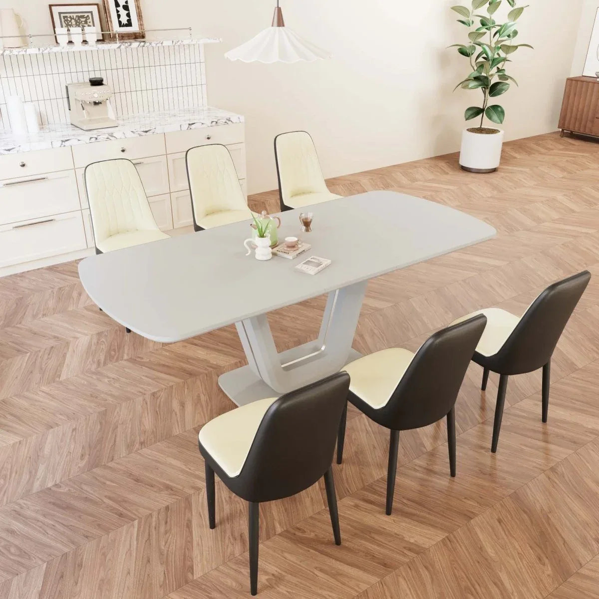 Expandable MDF Dining Table Set With Six Padded PU Chairs - Omega Lifestyles