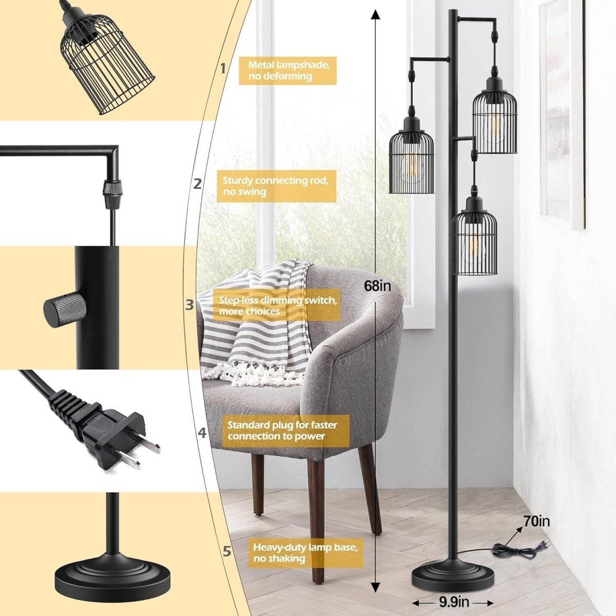 Farmhouse Industrial Metal Floor Lamp With 3 Cage Shades - Omega Lifestyles