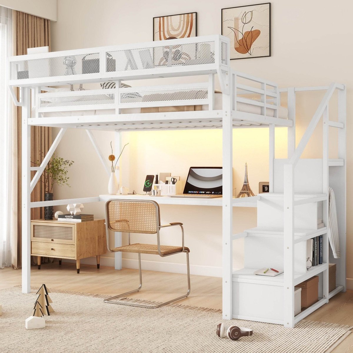 Full Metal Full Size Loft Bed With Desk Charging Station - Serenova - Omega Lifestyles