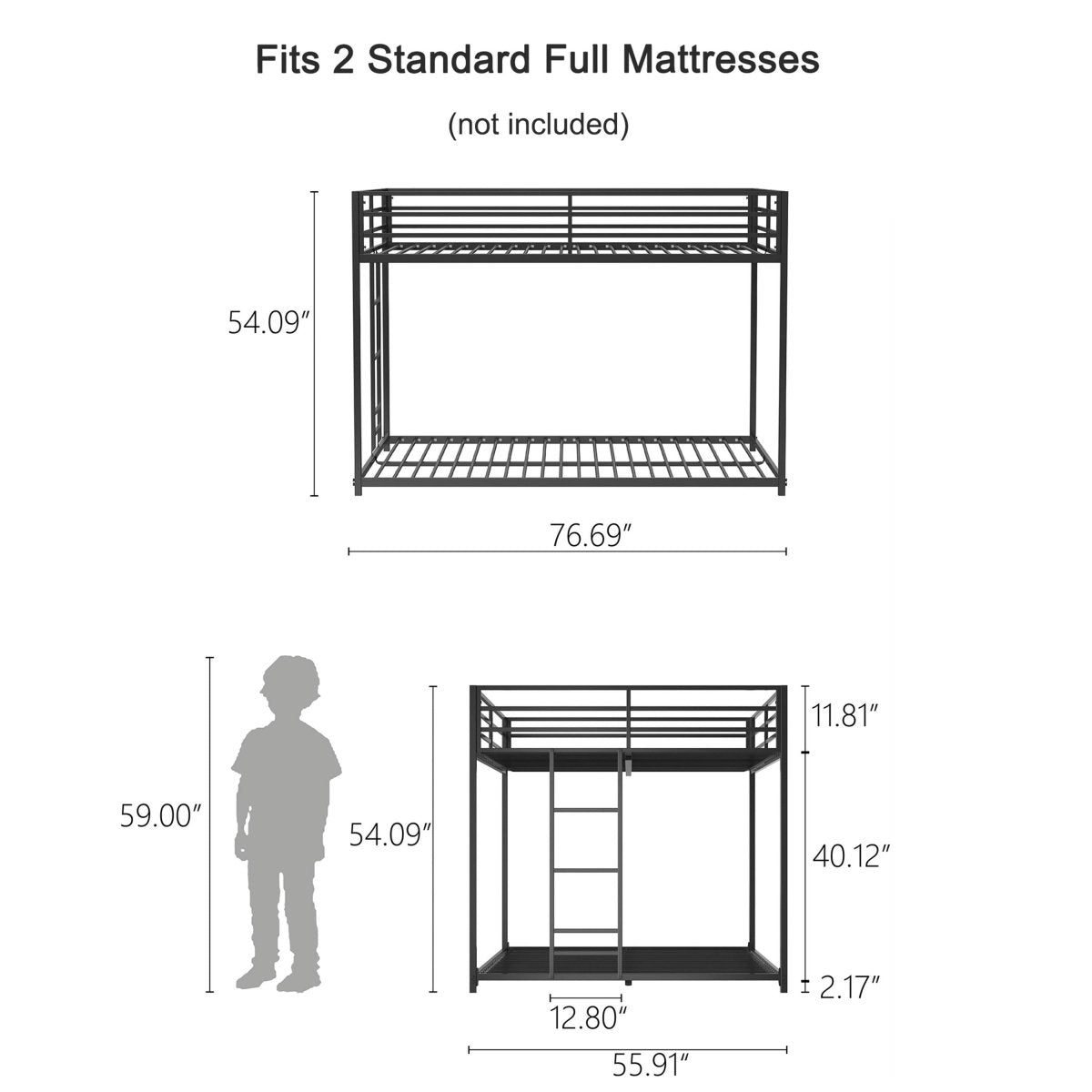 Full Over Full Metal Bunk Bed Frame With Ladder and Guardrails - Serenova - Omega Lifestyles
