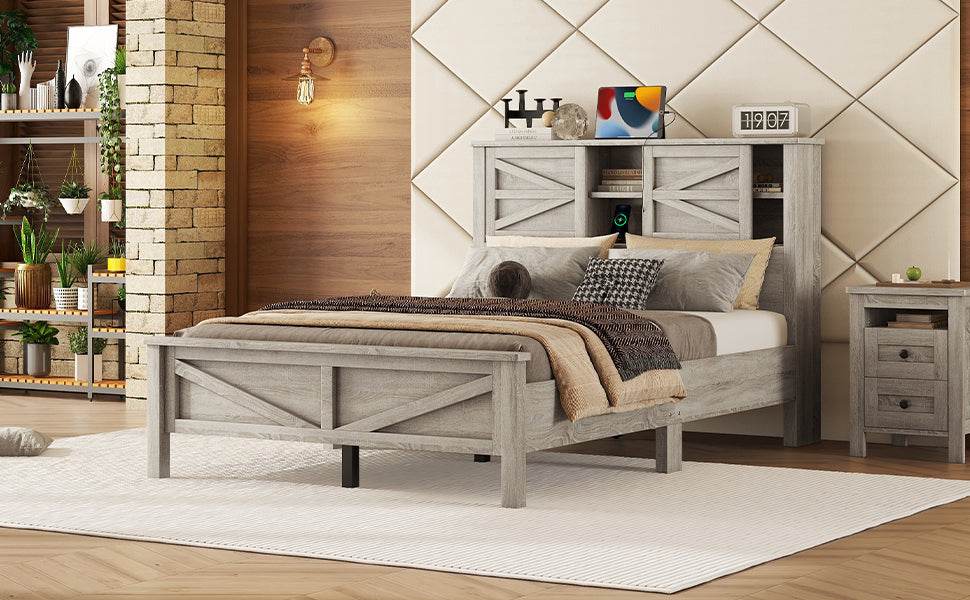 Full Platform Bed With Double Sliding Barn Door Charging Station - Serenova - Omega Lifestyles