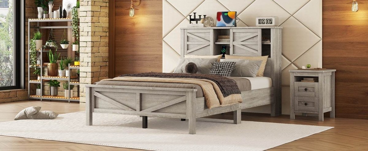 Full Platform Bed With Double Sliding Barn Door Charging Station - Serenova - Omega Lifestyles