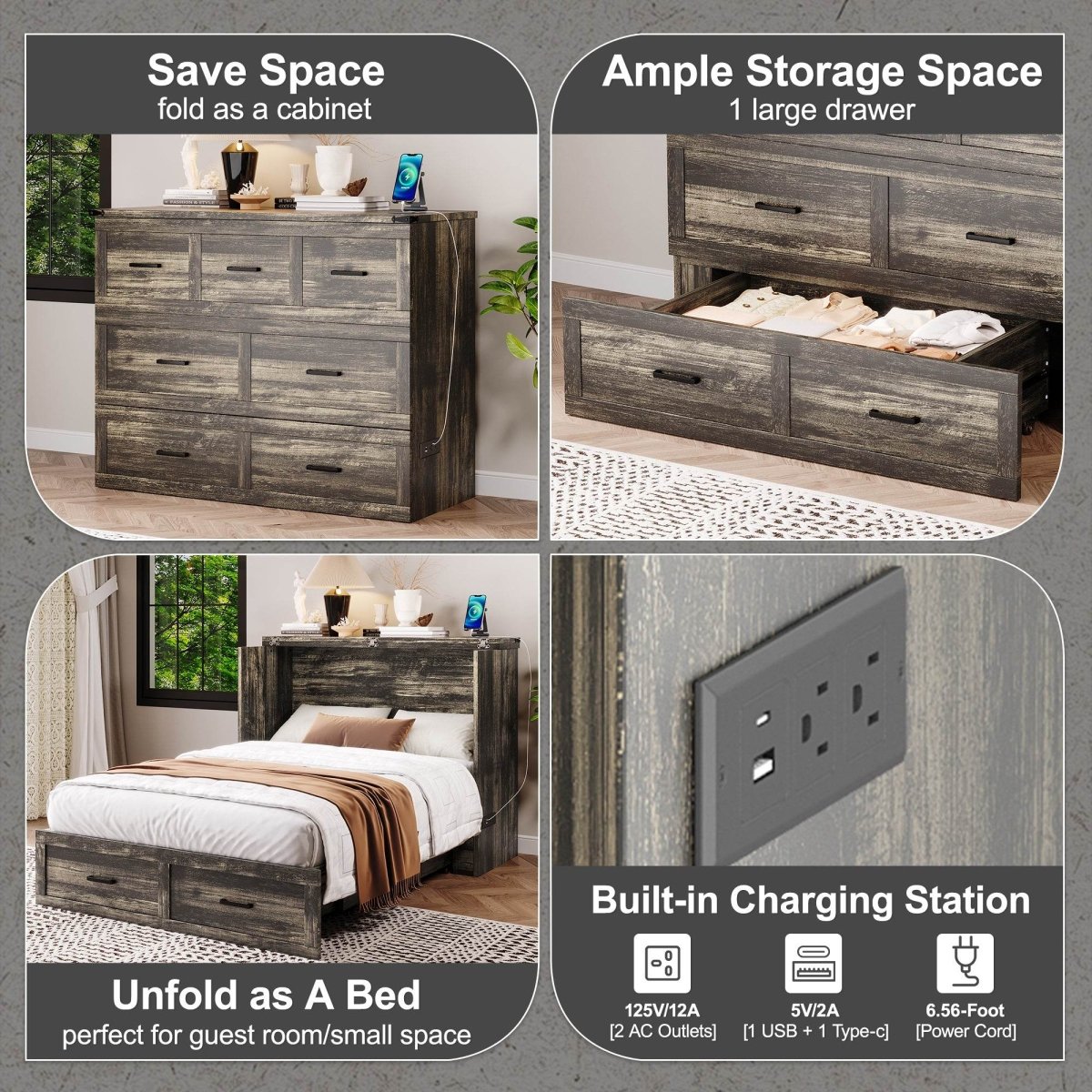 Full Size Murphy Bed Cabinet With Charging Station - Sleep Galleria