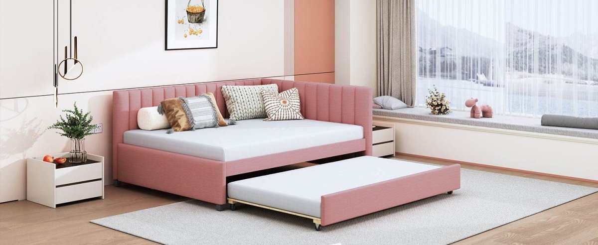 Full Upholstered Linen Daybed With Twin Trundle - Sleep Galleria