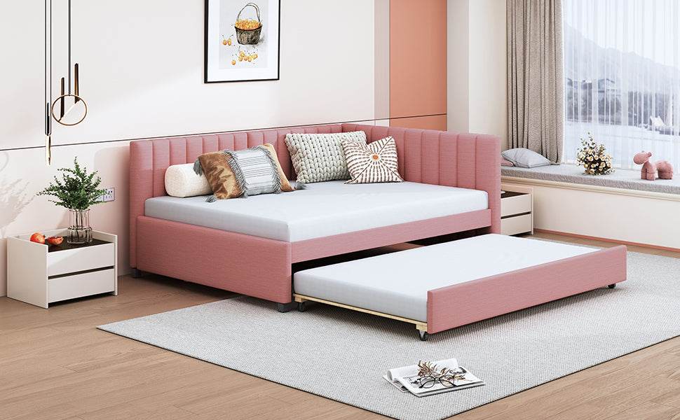 Full Upholstered Linen Daybed With Twin Trundle - Sleep Galleria