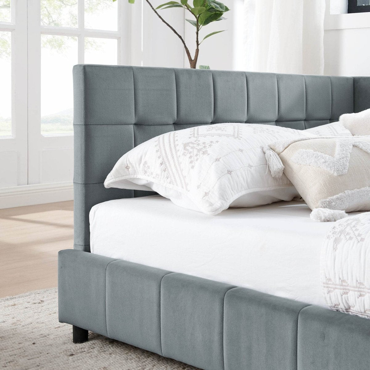 Full Velvet Upholstered Tufted Bed Frame With Armrest - Serenova - Omega Lifestyles