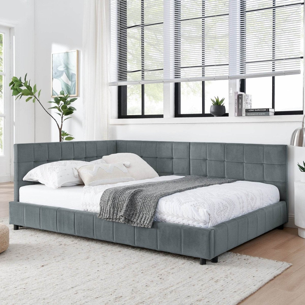 Full Velvet Upholstered Tufted Bed Frame With Armrest - Serenova - Omega Lifestyles