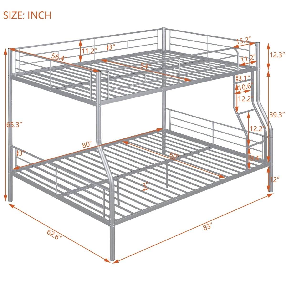 Full XL Over Queen Iron Metal Bunk Bed Silver Finish - Sleep Galleria