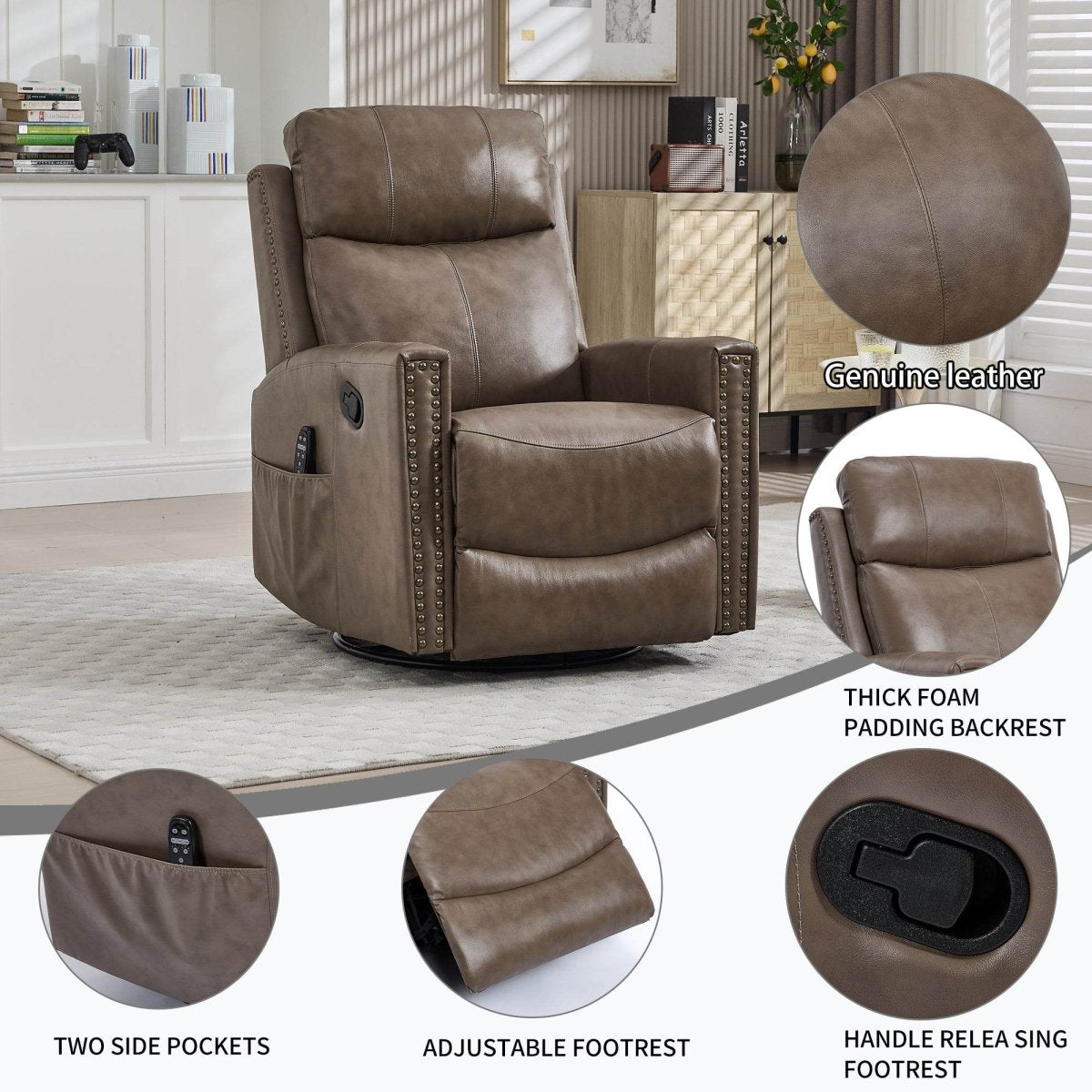 Genuine Leather Medium - Firm Heat Massage Swivel Recliner Chair - Serenova - Omega Lifestyles