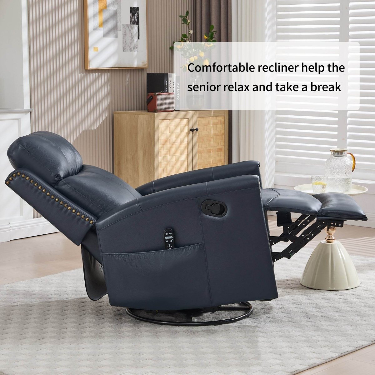 Genuine Leather Medium - Firm Heat Massage Swivel Recliner Chair - Serenova - Omega Lifestyles