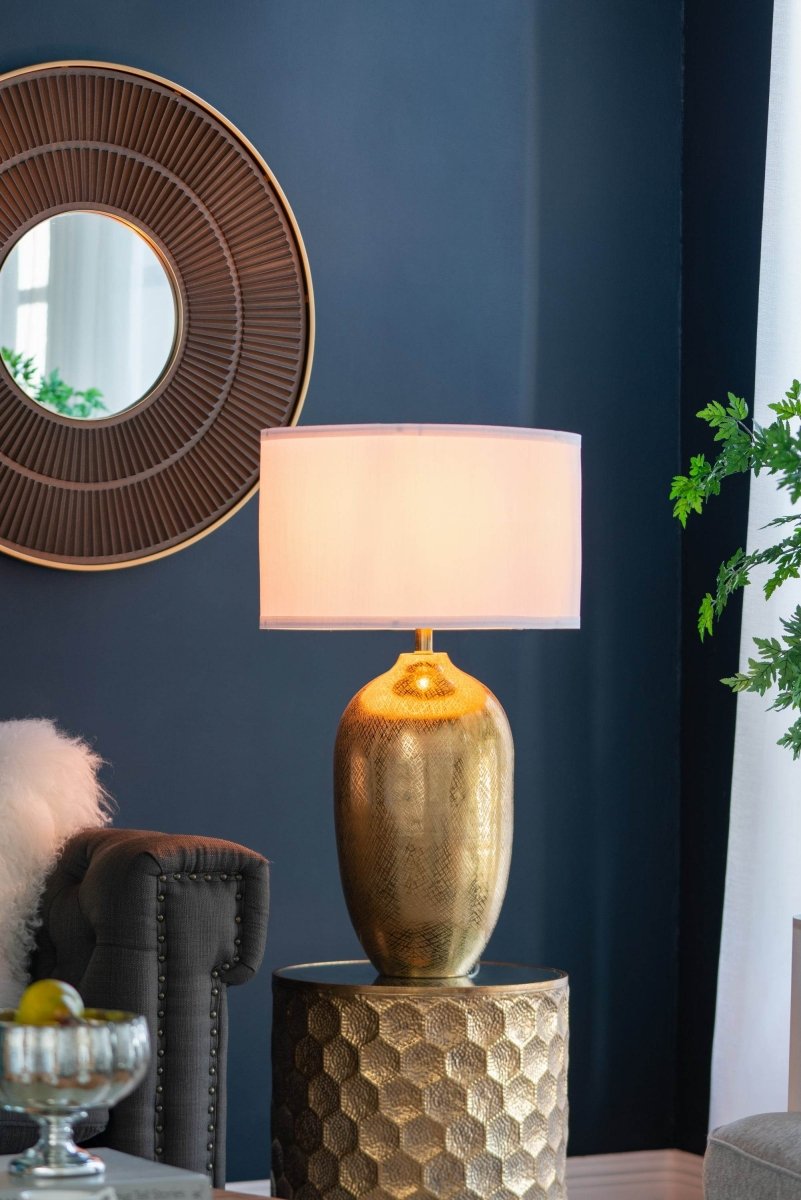 Gold Aluminum Round Table Lamp With White Fabric Shade - Sleep Galleria