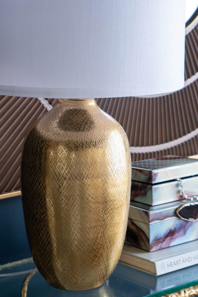Gold Aluminum Round Table Lamp With White Fabric Shade - Sleep Galleria