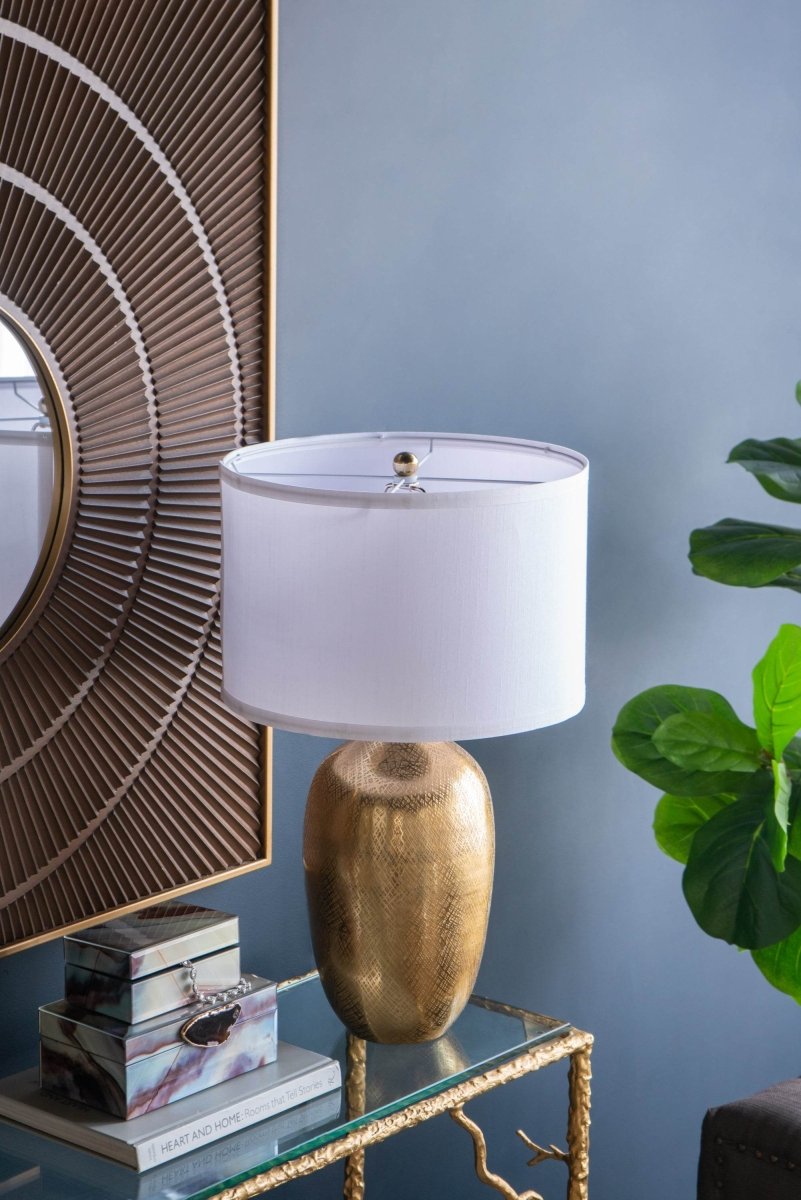 Gold Aluminum Round Table Lamp With White Fabric Shade - Sleep Galleria