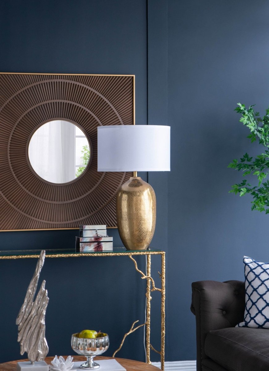 Gold Aluminum Round Table Lamp With White Fabric Shade - Sleep Galleria