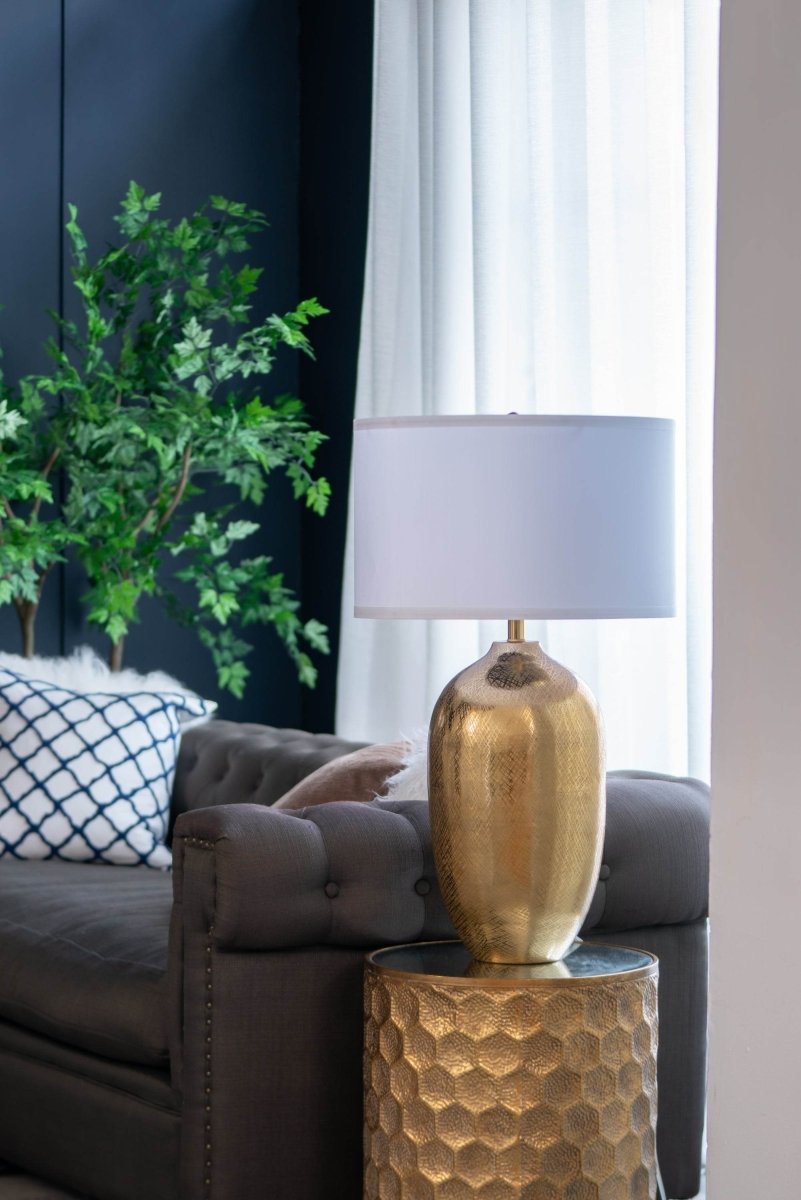 Gold Aluminum Round Table Lamp With White Fabric Shade - Sleep Galleria