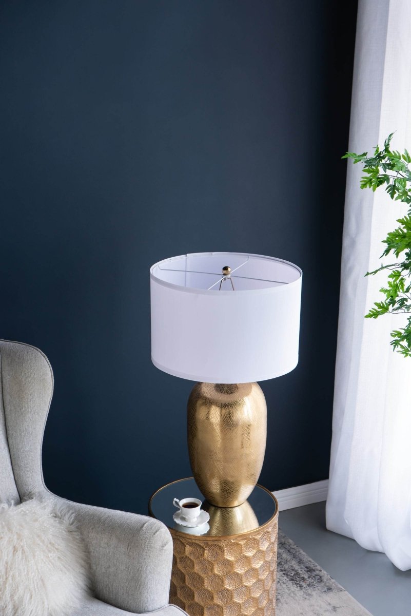Gold Aluminum Round Table Lamp With White Fabric Shade - Sleep Galleria