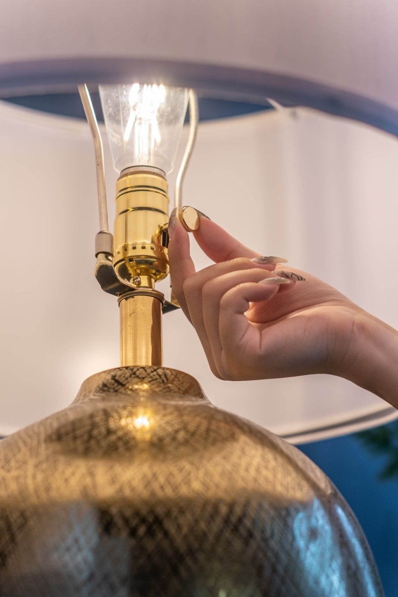 Gold Aluminum Round Table Lamp With White Fabric Shade - Sleep Galleria