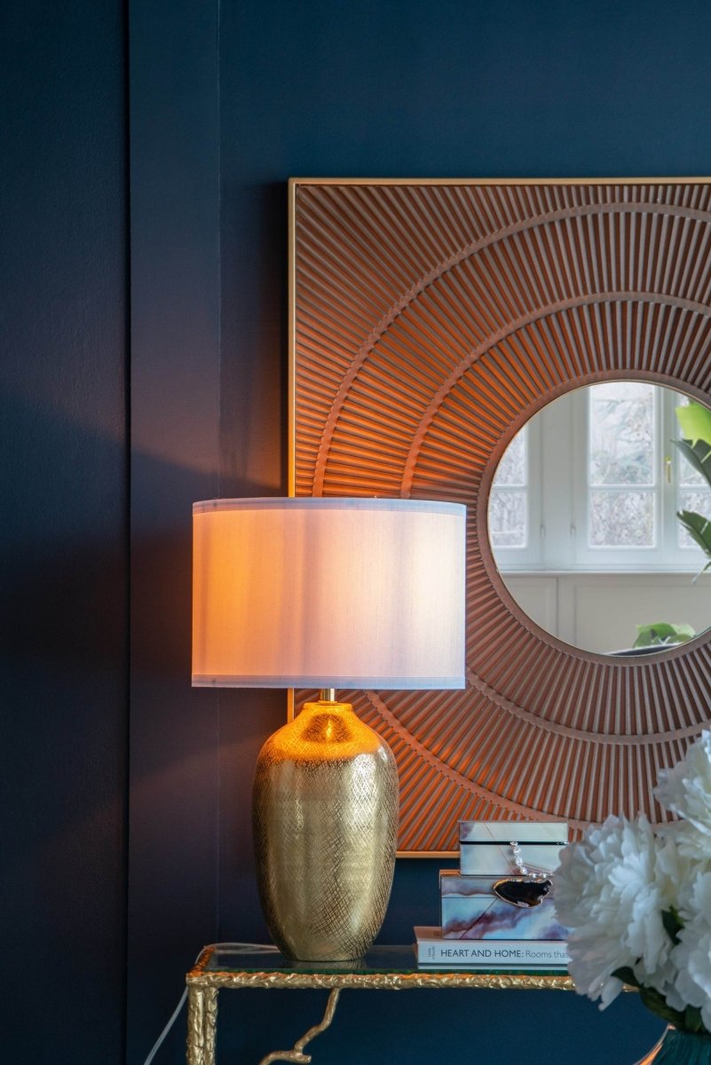 Gold Aluminum Round Table Lamp With White Fabric Shade - Sleep Galleria