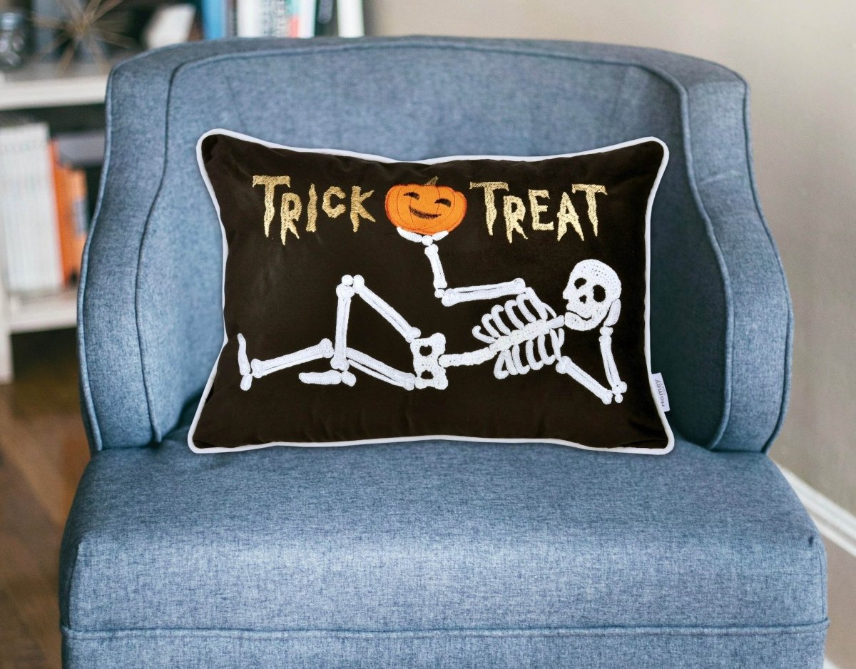Halloween Skeleton Embroidered Velvet Lumbar Throw Pillow - Serenova - Omega Lifestyles
