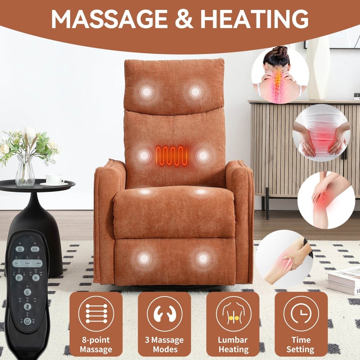 Heat Massage Manual Recliner Chair With Swivel Rocker - Serenova - Omega Lifestyles