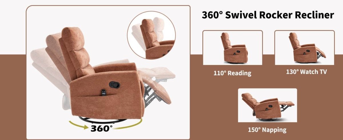 Heat Massage Recliner Chair With Swivel Rocker and Heat - Serenova - Omega Lifestyles