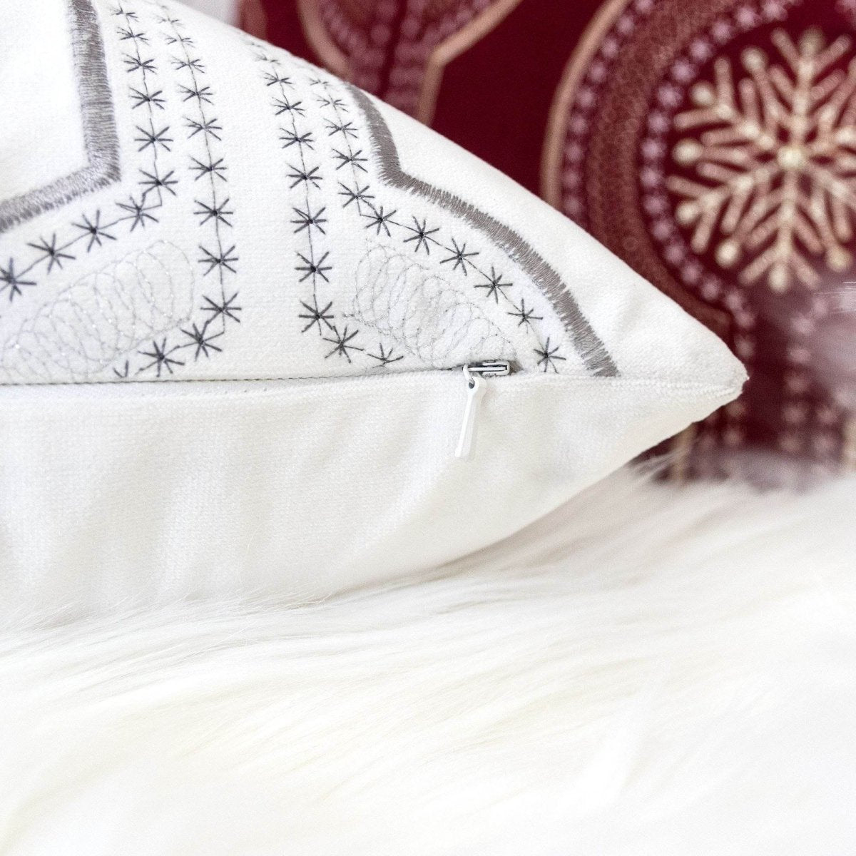 Holiday White Velvet Embroidered Decorative Throw Pillow 20x20 - Serenova - Omega Lifestyles