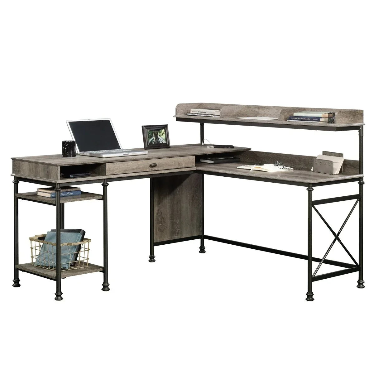 Industrial Brown L-Shaped Engineered Wood Computer Desk - Omega Lifestyles