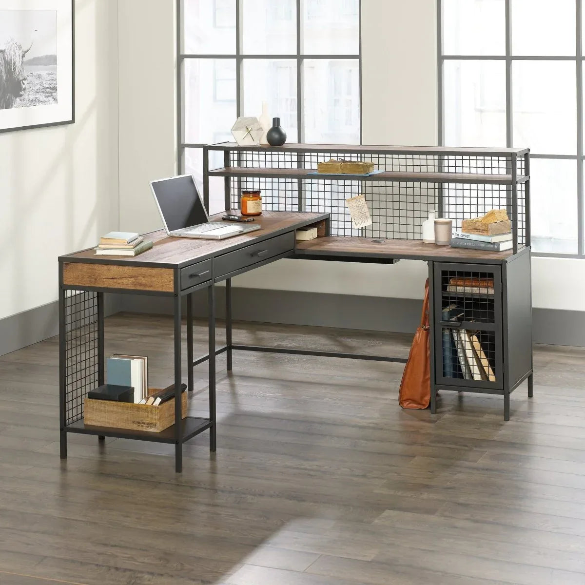 Industrial L-Shaped Engineered Wood Computer Desk With Shelves - Omega Lifestyles